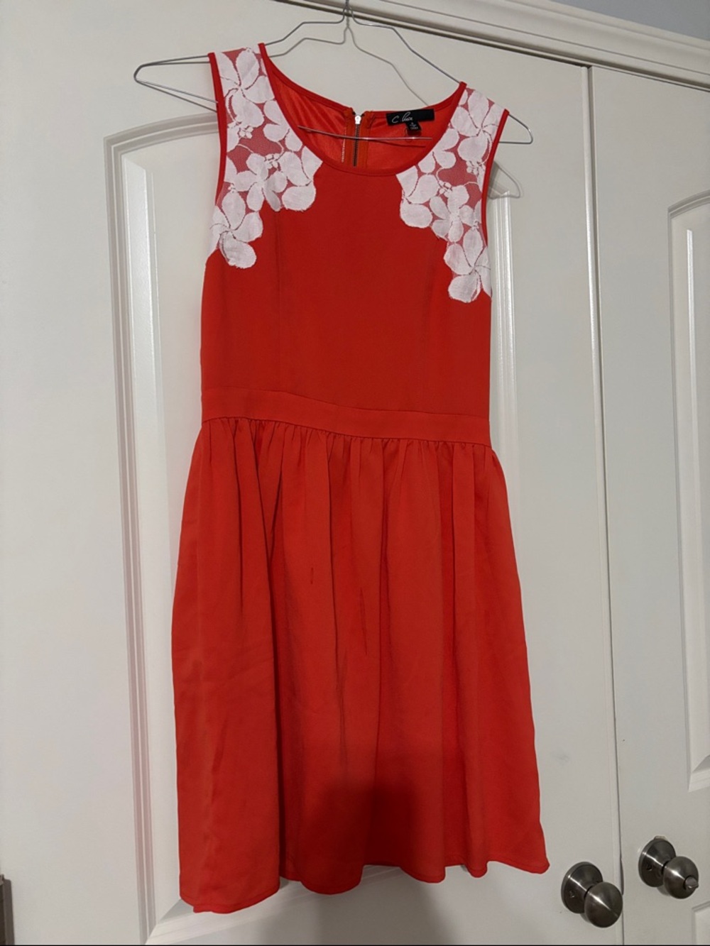 C. Luce Coral Sleeveless Dress with White Floral Applique